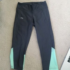 Charcoal gray crop leggings with turquoise on back